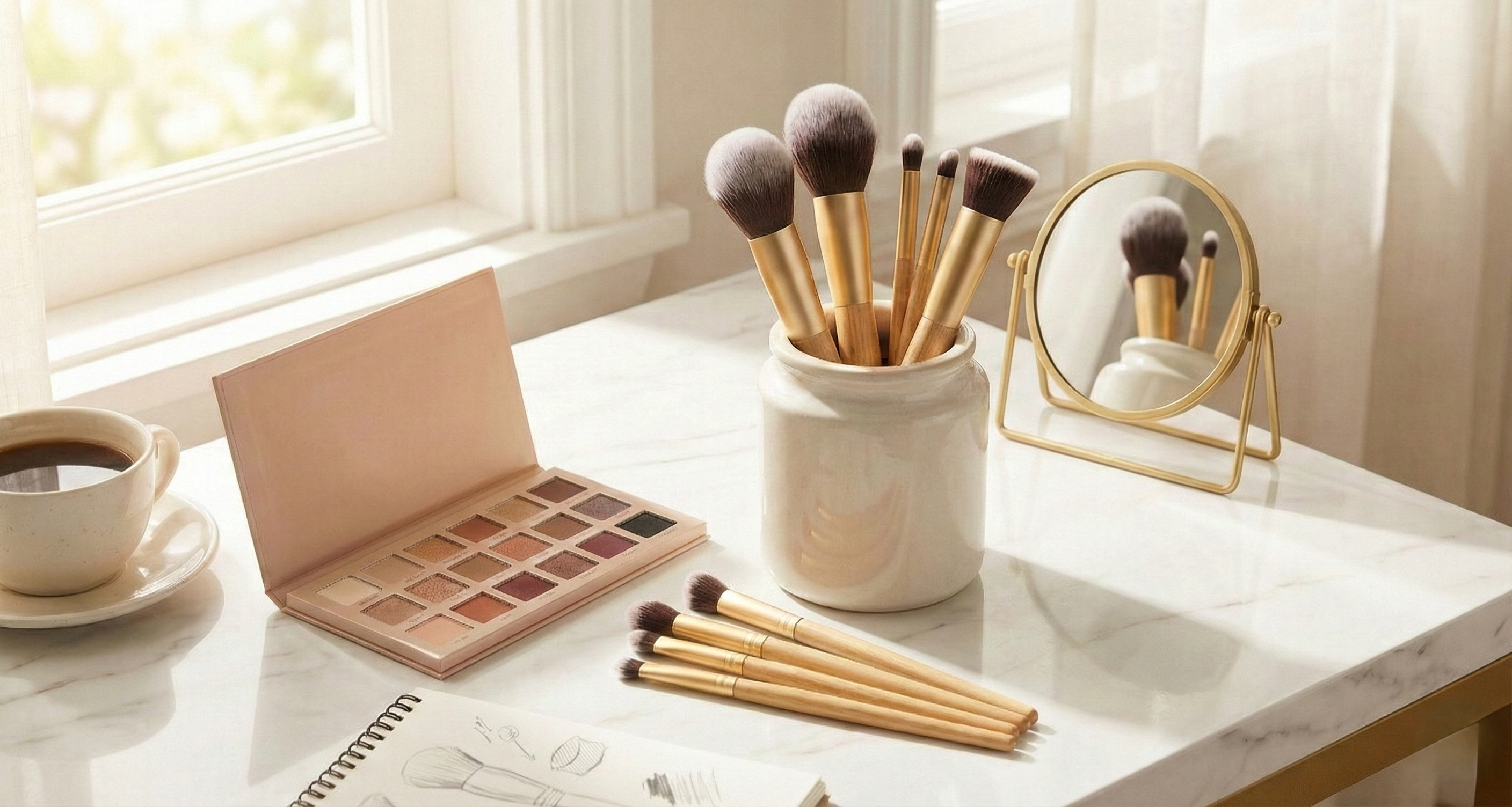 Makeup brushes in a holder on a marble surface with a coffee cup and makeup palette.